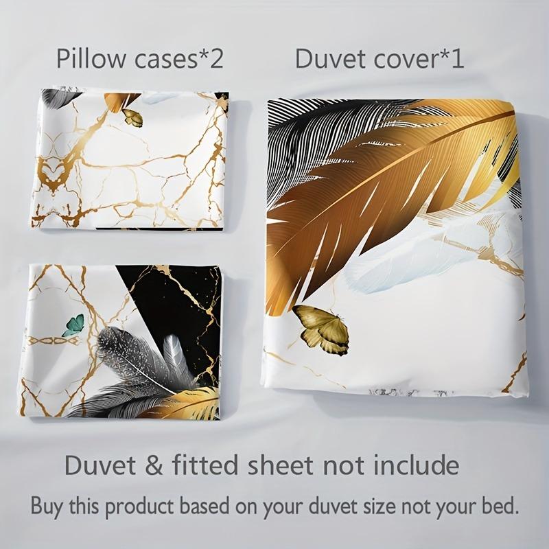 3-Piece Luxurious Marble Feather Print Duvet Cover Set - Soft, Breathable, and Comfortable Bedding for All Seasons