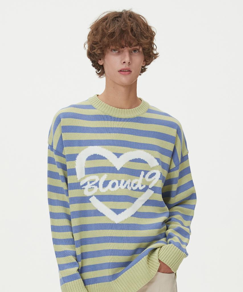 BLOND9 Striped Heart Round Neck Knit_Green