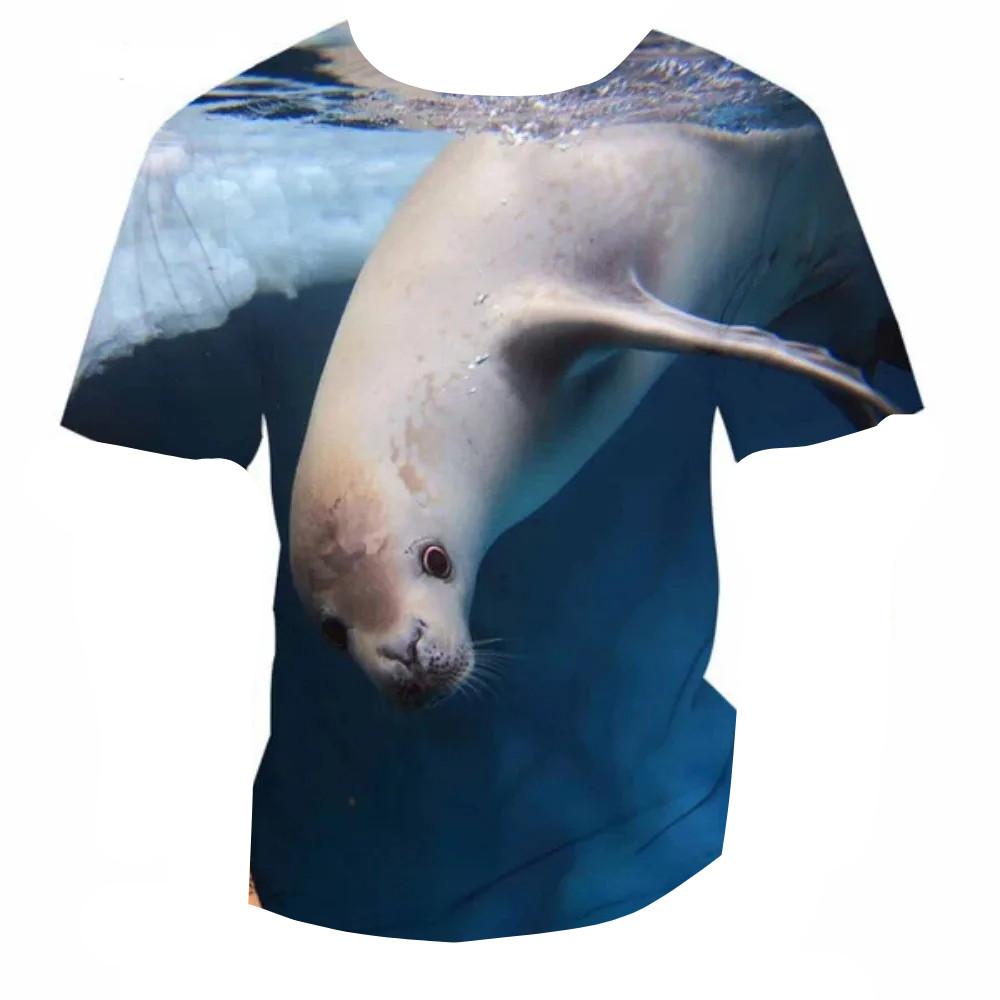 3D Seal Marine Animal Print Kids Crew Neck Short Sleeve Tee Loose Fit Outdoor Play Daily Leisure Outfit
