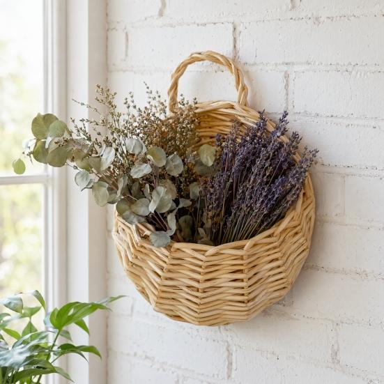 Hand-woven Wicker Basket, Hanging Flower Basket with Handle, Rustic Plant Basket Planter for Indoor Outdoor Wall Decoration