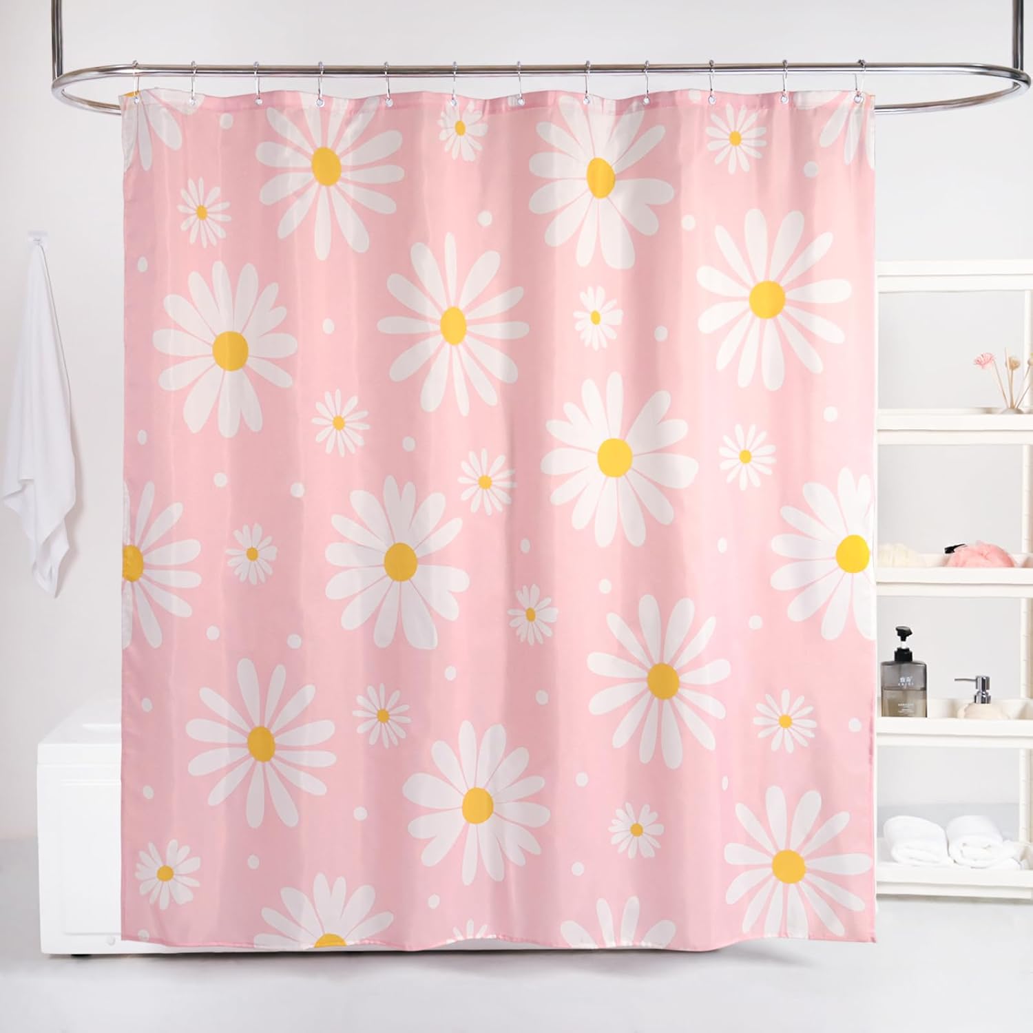 

Qjhomo Pink Floral Shower Curtain Set Cute Daisy Girly Bathroom Curtain, Washable Waterproof Fabric Shower Curtains With 12 Hook 90x180cm