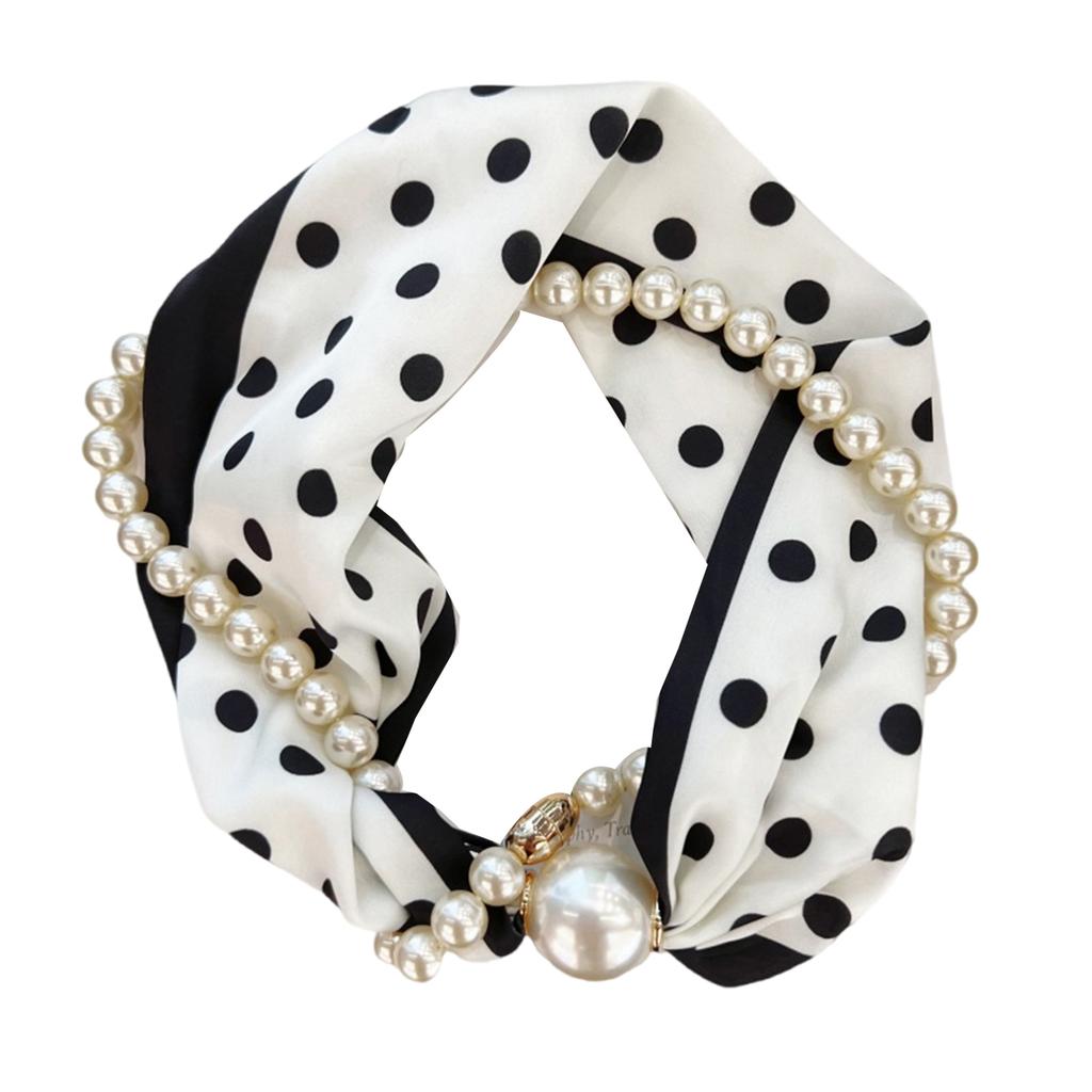 Magnetic Clasp Pearls Chain Necklace Floral Satins Scarf Elegant Silk Skinny Narrow Neckerchief for Fashionable Women