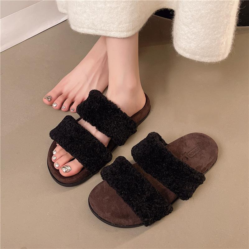 Muffin Thick Bottom One-word Fluffy Slippers Women Wear 2025 Autumn and Winter New Internet Celebrity Fairy Wind Heightening Cotton Slippers