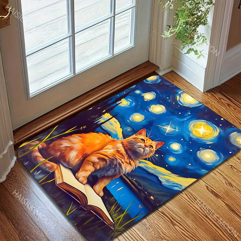 1PC Cat sitting on book under starry sky Print Carpet Rug for Living Room Bedroom Sofa Doormat Home Decor Non-slip Floor Mat