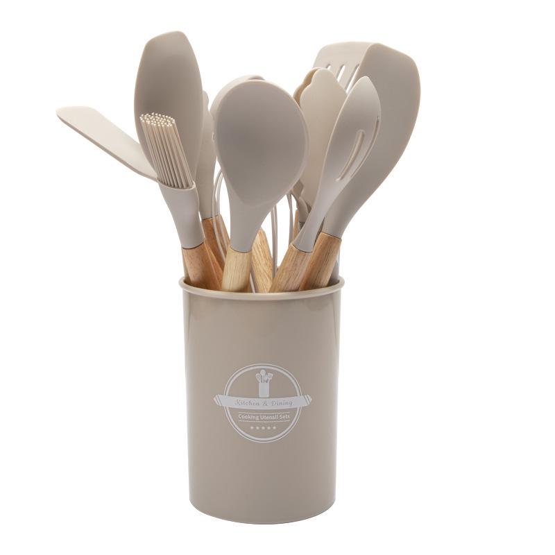 12-Piece Silicone Kitchen Utensil Set with Wooden Handles and Holder