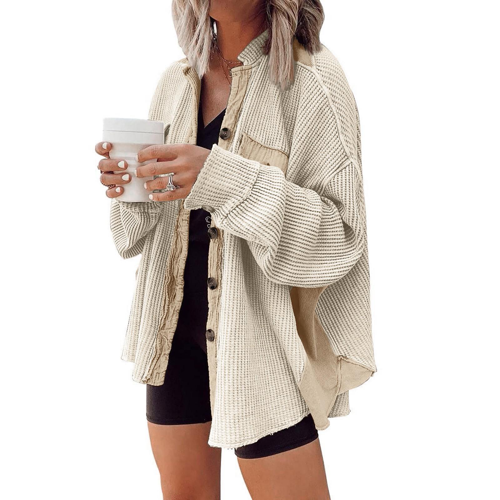 

Женская однотонная трикотажная рубашка на пуговицах со свободными рукавами, топ с потертым краем L