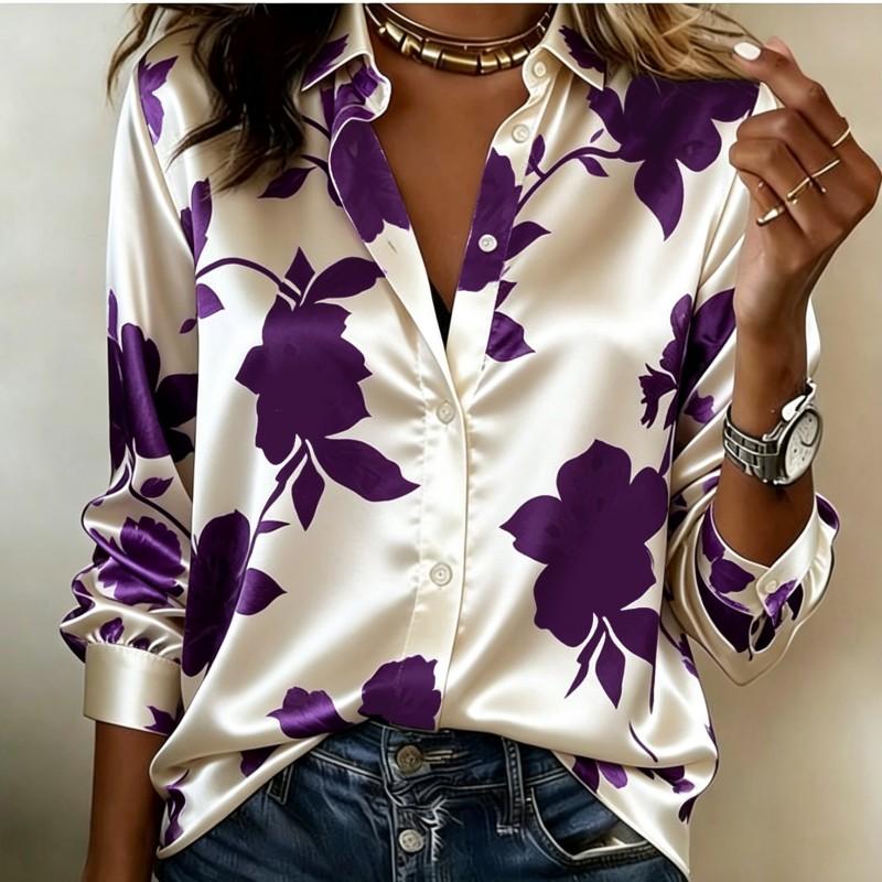 Women Satin Big Floral Print Shirt Long Sleeve Lapel Button‑Down Blouse Elegant Office Party Casual Ladies Multi‑Color Top