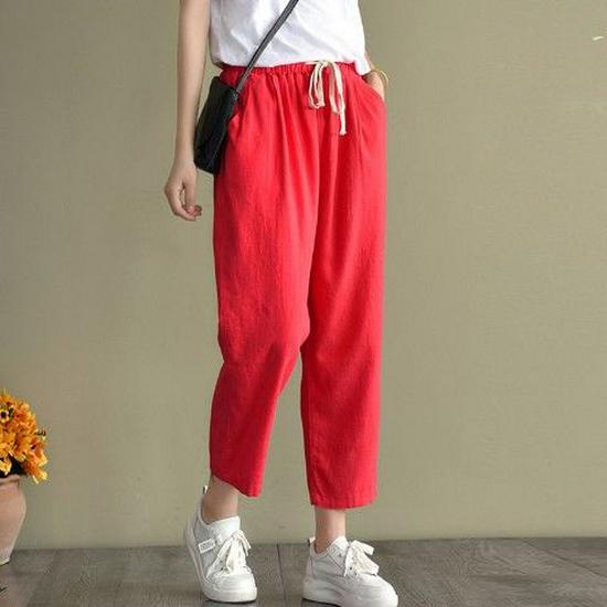 Women's Washed Cotton Elastic Waist Casual Summer Harem Pants with Lace-Up Detail