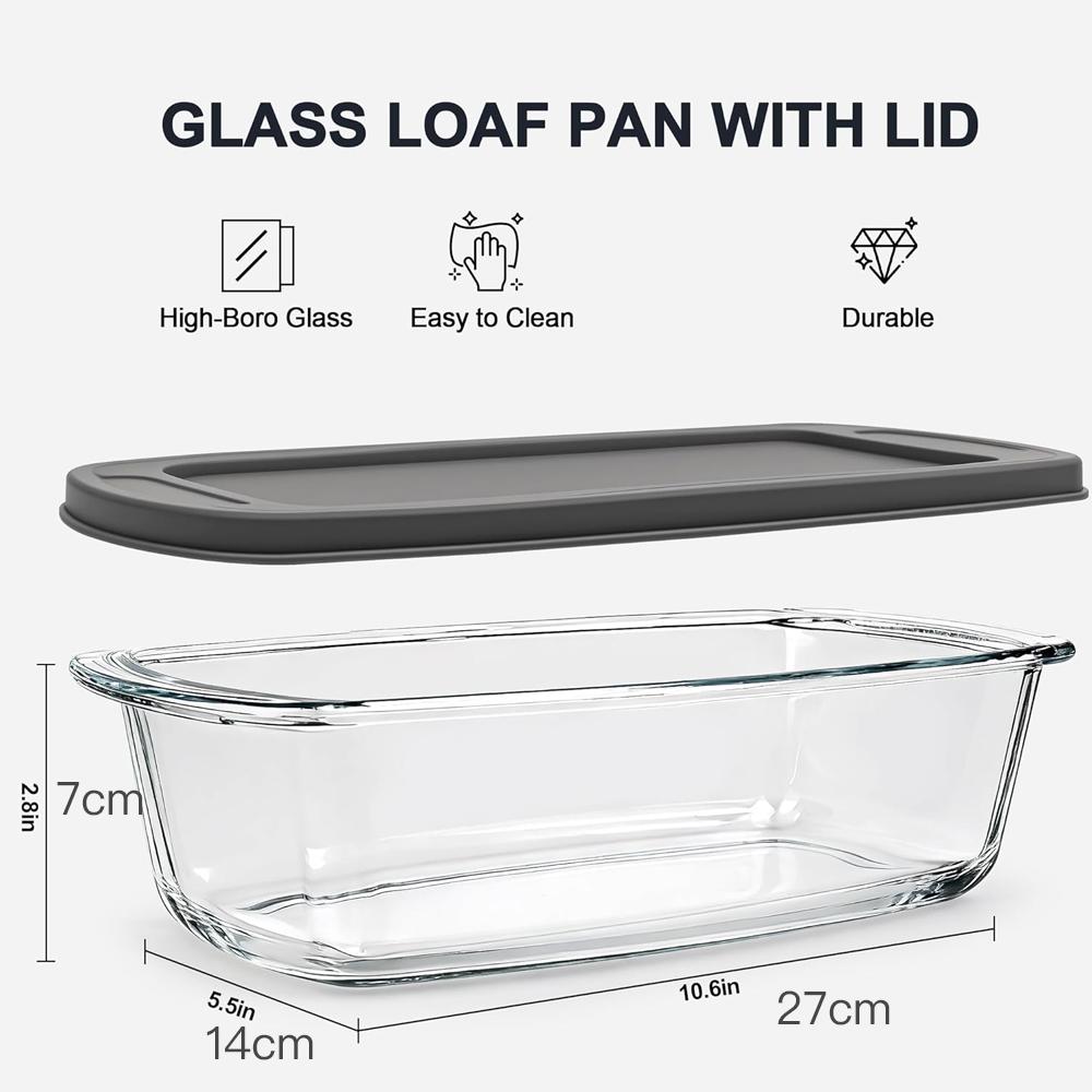 1800ML Glass Loaf Pan with Lids Meatloaf Pan Airtight Lids Grip Handle Easy Carry, Microwave and Oven Safe Loaf Pans for Baking