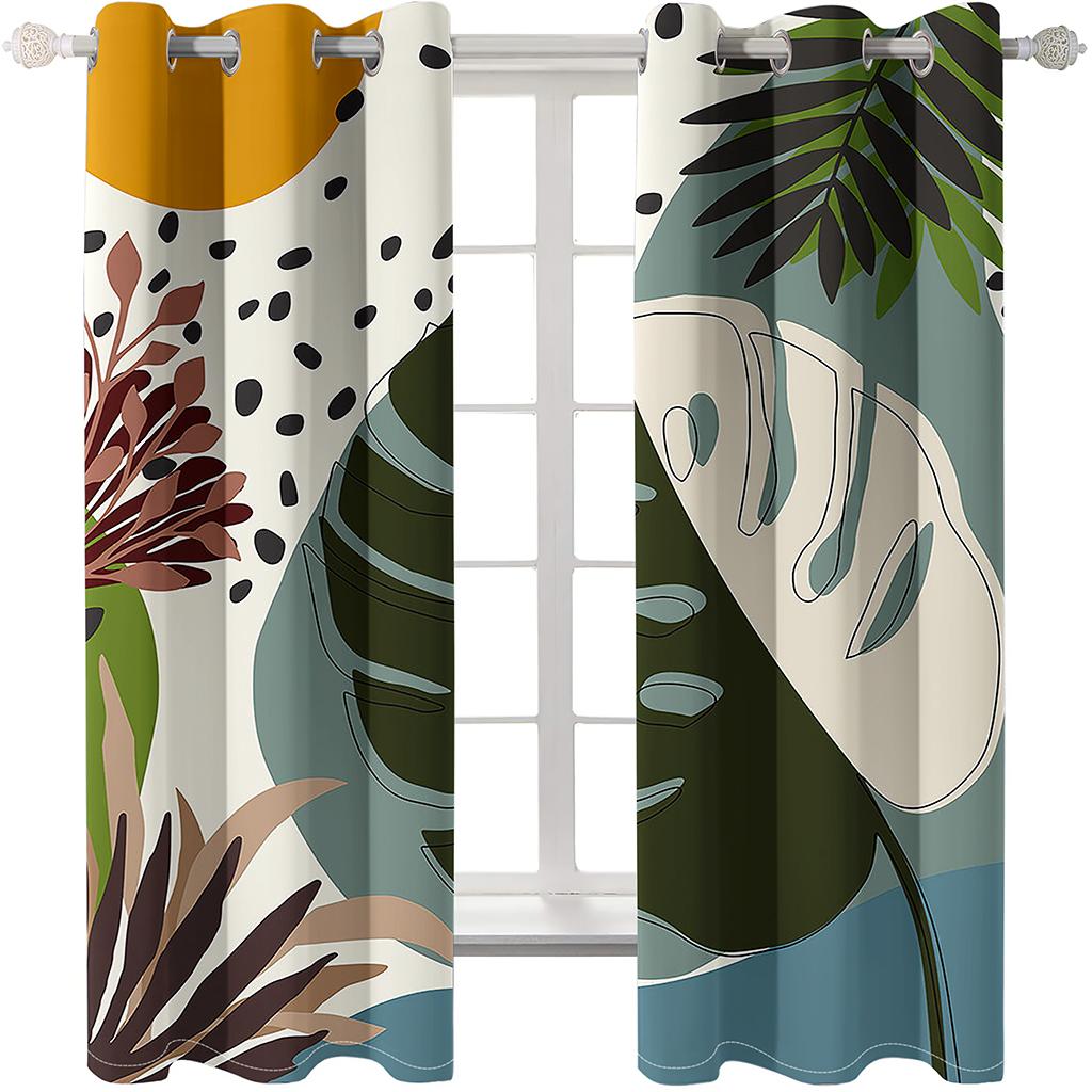 

2 шт. Абстрактные шторы для кухни середины века в стиле бохо, современные зеленые листья, геометрические минималистичные растения, солнечная арка, нейтральная драпировка с кармашком для штанги (75W166H)x2(CM)&Grommet Top