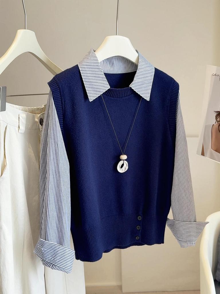 2025 Úzký pruhovaný úpletový top s dlouhým rukávem – Dámský dvoudílný top omlazující vzhled