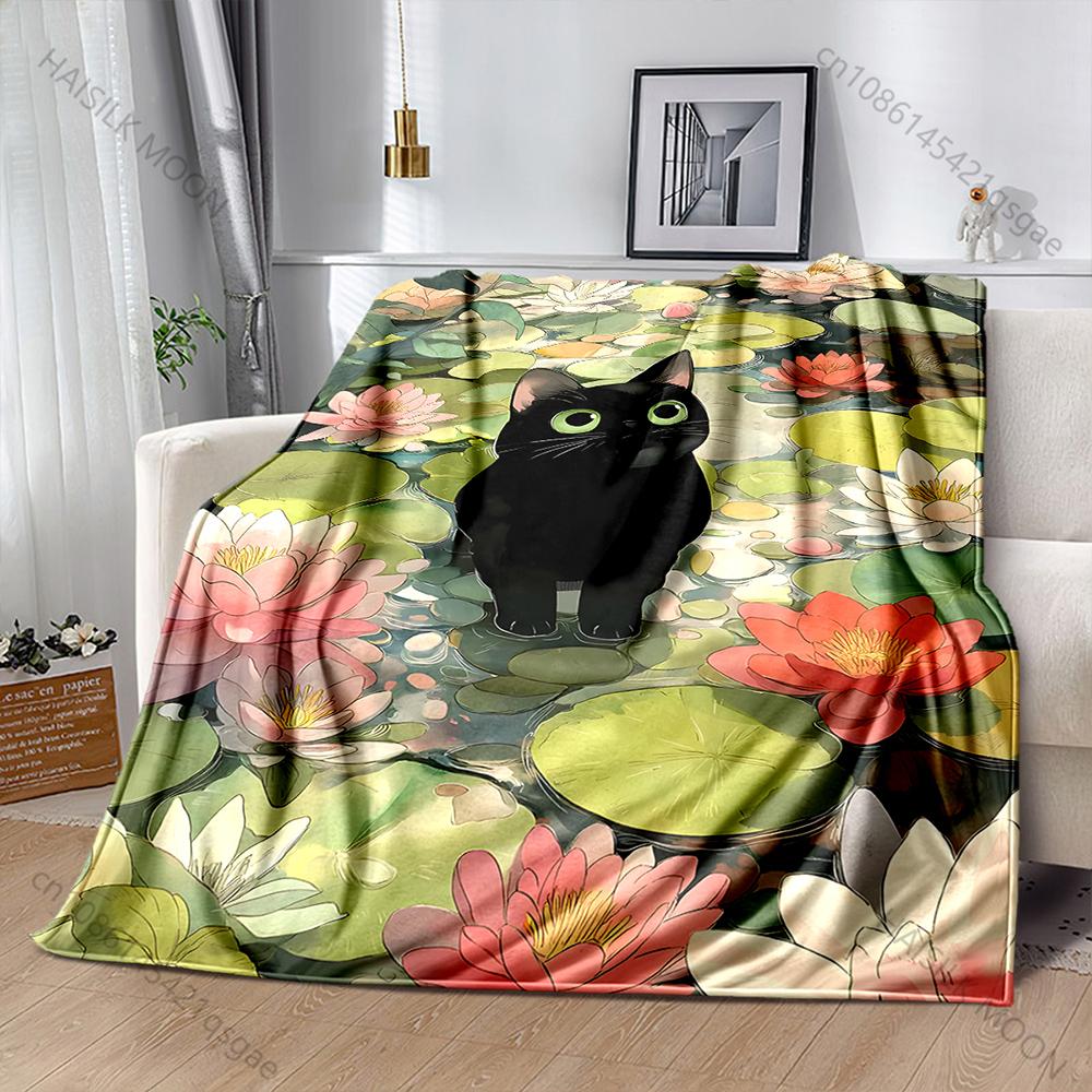 1Pc Black Cat Amid Waterlilies Print Blanket Warm Soft Fluffy Kids And Adult Sofa Bed Throw Blanket Outdoor Travel Camping Rv