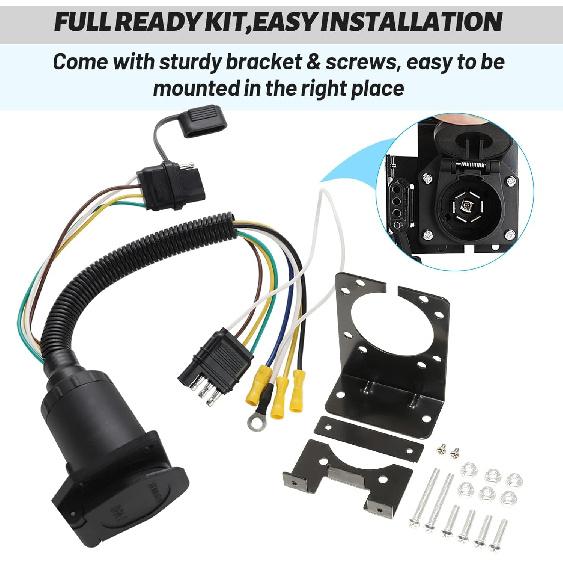 MECMO Multi-Tow 4-Way Flat To 7-Way RV Blade And 4-Way Flat Female End Trailer Wiring Adapter Connector Kit, 4 Pin Vehicle-Side Trailer Light Plug To