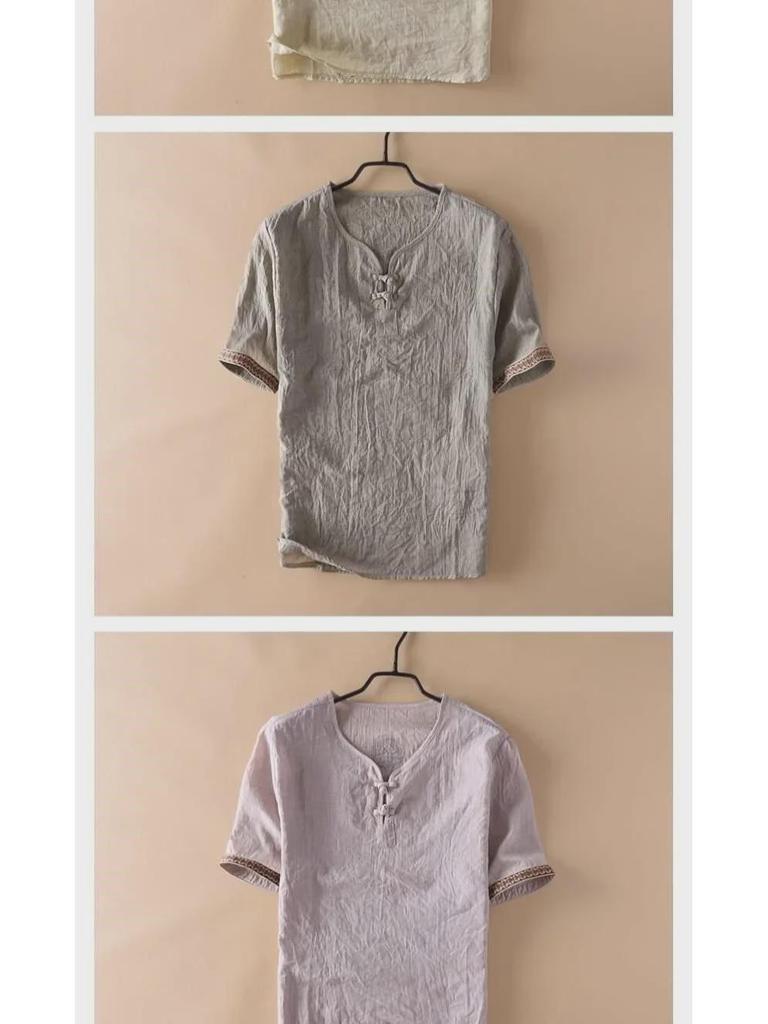 Herren-T-Shirt mit kurzen Ärmeln und chinesischem Knopfmuster aus Leinenimitat