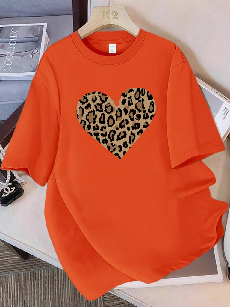 Summer Cotton TShirts Women Simple Leopard Print Heart Printing T Shirt ONeck Comfortable Loose Tops Street Womans Clothes