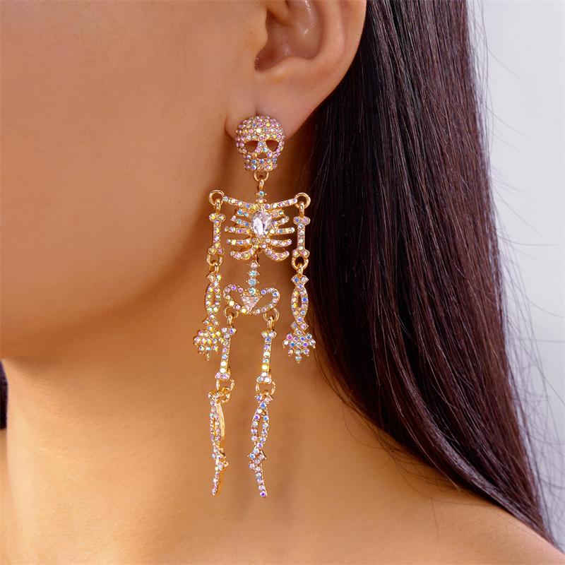 Light Luxury Full Rhinestone Skull Earrings for Women Fashion Exaggerated Skeleton Pendant Earrings Halloween Party Jewelry Gift