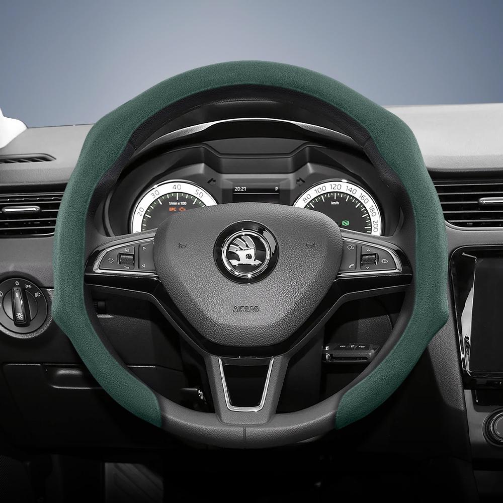 Suitable for Skoda Premium Suede Snap-On Steering Wheel Cover, Non-Slip and Durable, Round and D-Shaped Steering Wheel Available for Octavia 