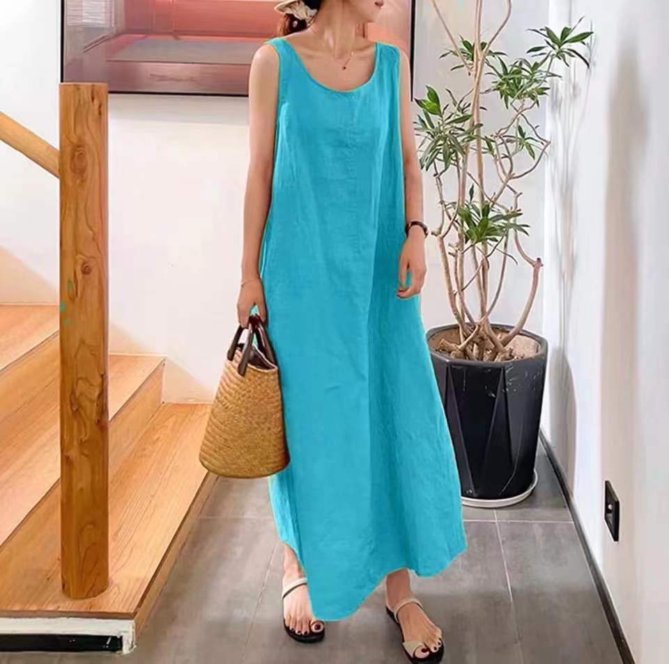European and American summer new long version suspender simple wind loose pocket round neck temperament sleeveless dress foreign trade wholesale