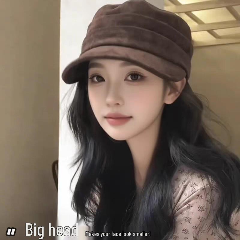 Korean Brown Equestrian Style Women's Flat Top Suede Cap - Face Slimming, Versatile for Spring and Autumn.