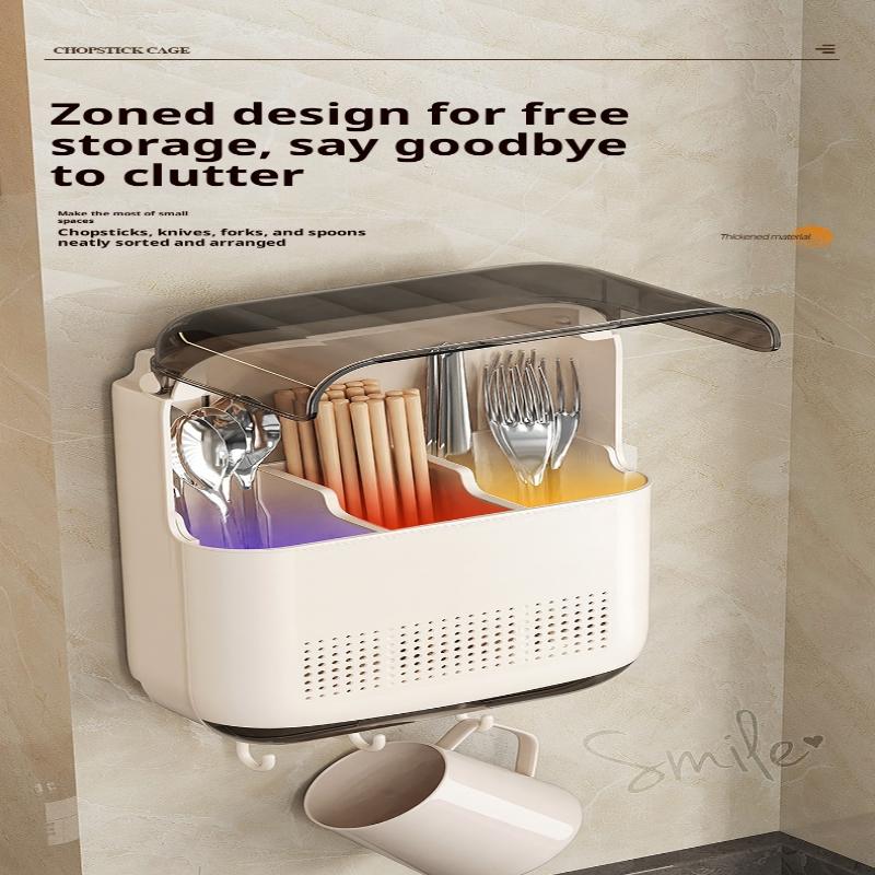 Wall Mounted Kitchen Cutlery Holder Breathable Dust-Proof Utensil Drainer No Punching With Lid Chopstick Storage Box
