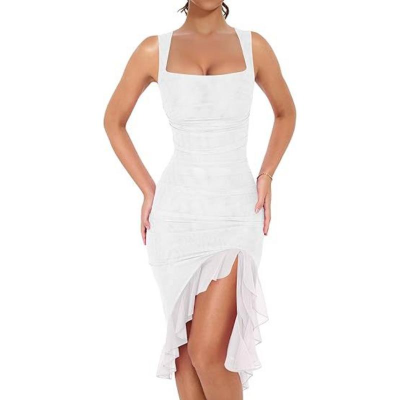 Women's Square Collar Sleeveless Pleated Double Mesh Stitching Mid-length Dress