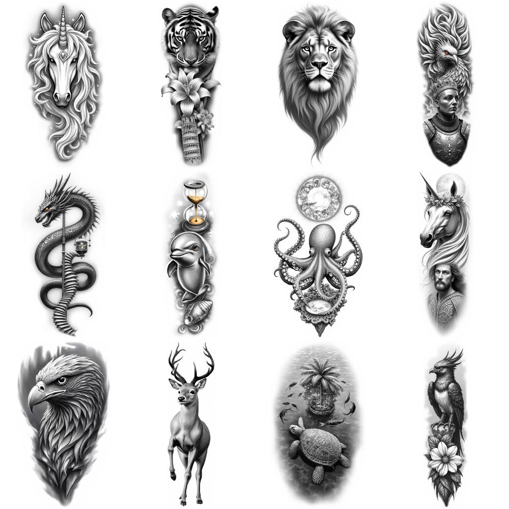 

12pcs New Waterproof Temporary Tattoos for Men Women Art Arm Fake Tatoo Animal Lion Tiger Bear Tattoo Stickers Wolf Crown Body