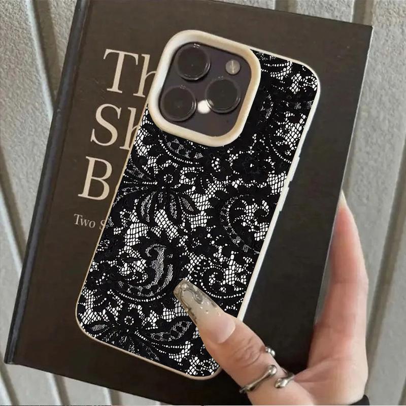 Black Lace Pattern Personalized Mobile Phone Case For iPhone 16 17 Pro Max 15 Plus 14 13 12 11 17 Air XS XR Faux Leather Cover
