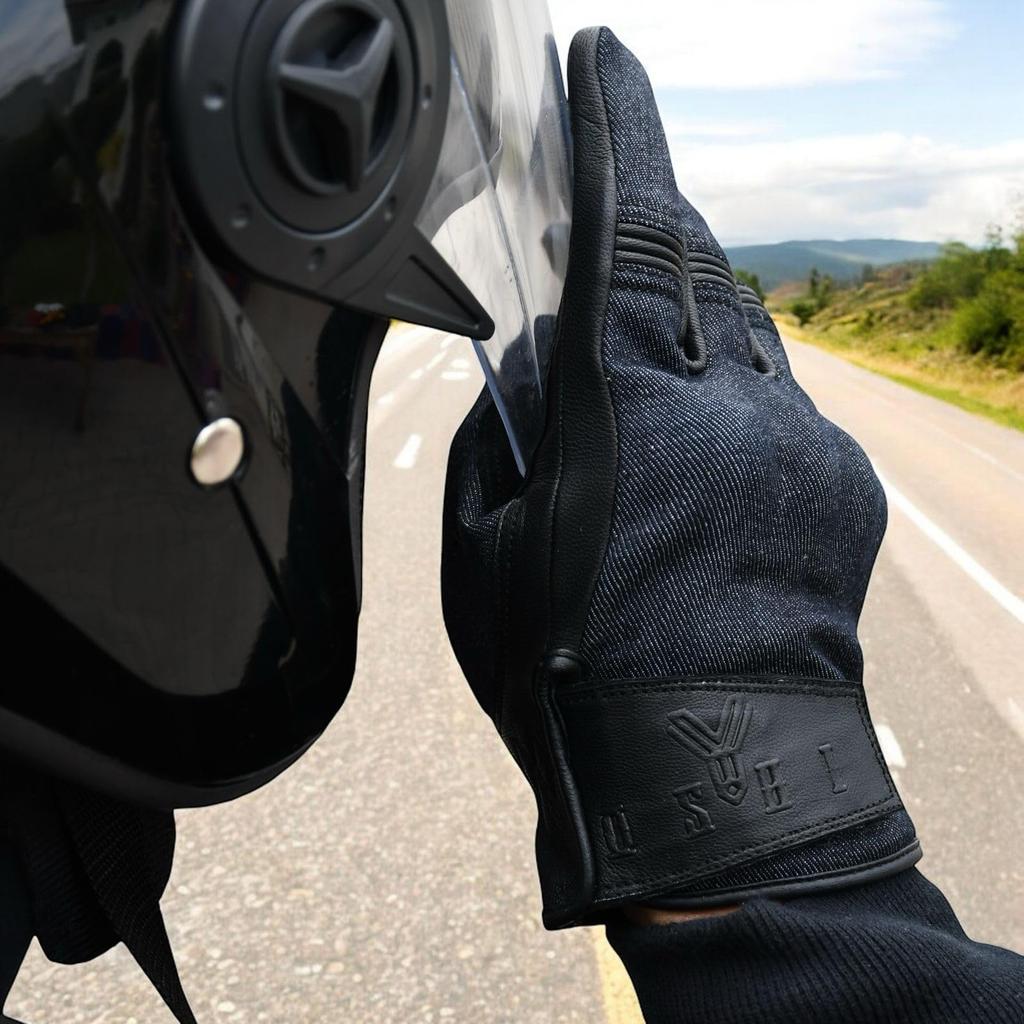 Stretch Denim and Goat Leather Biker Available In Three Colors and with Protective Touchscreen for Motorcycles and Cycling Gloves, (black, Tan,