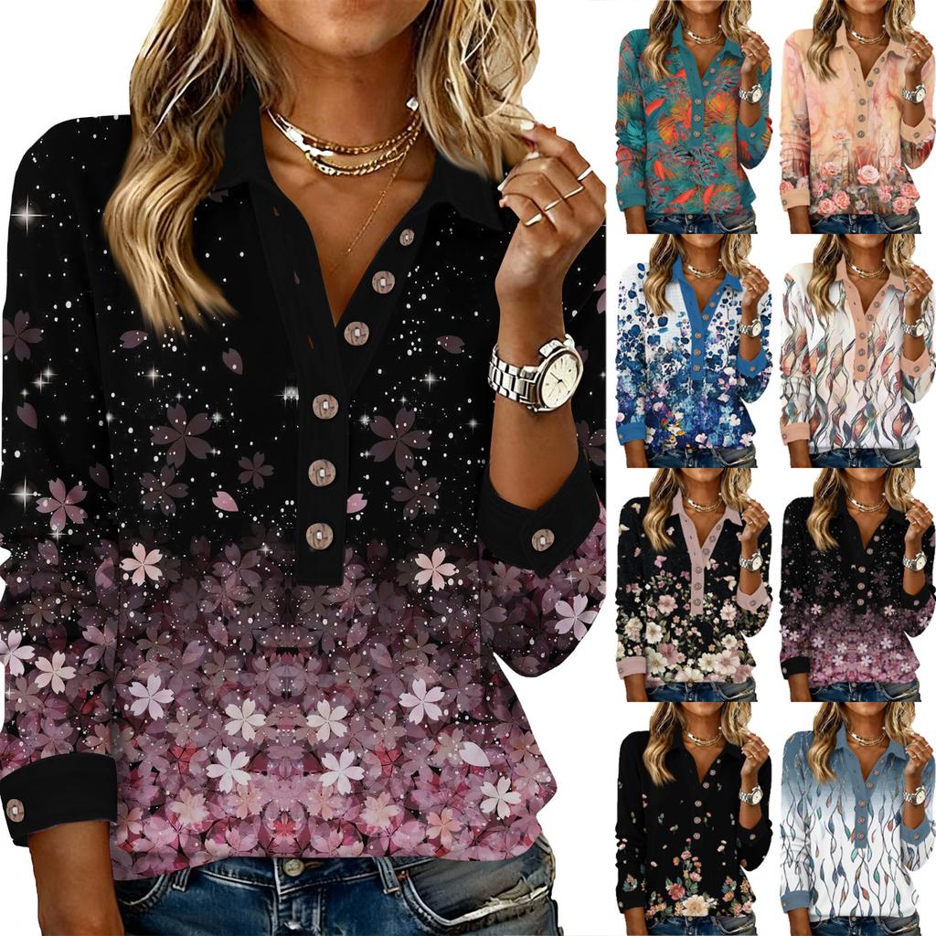 Damen lockeres V-Ausschnitt langärmeliges Knopfleisten-Blumen-Pullover-Oberteil