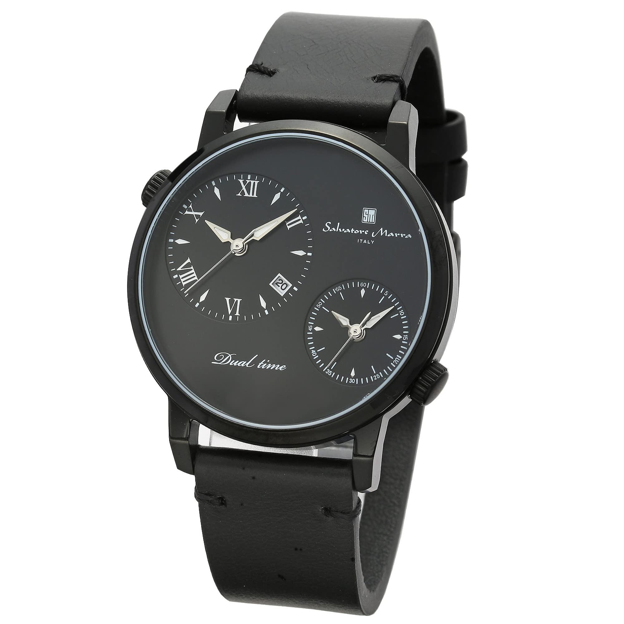 

[Salvatore Marra] Мужские и Женские Часы Нержавеющая Сталь Черный Аналоговые Кварцевые Тонкие Двойное Время Бизнес Повседневные Кожаный Ремешок BKBK