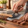 Hand Forged Curved Kitchen Knife, Hammer Pattern High Carbon Steel Blade, Ergonomic Wooden Handle, Matching Leather Sheath Included