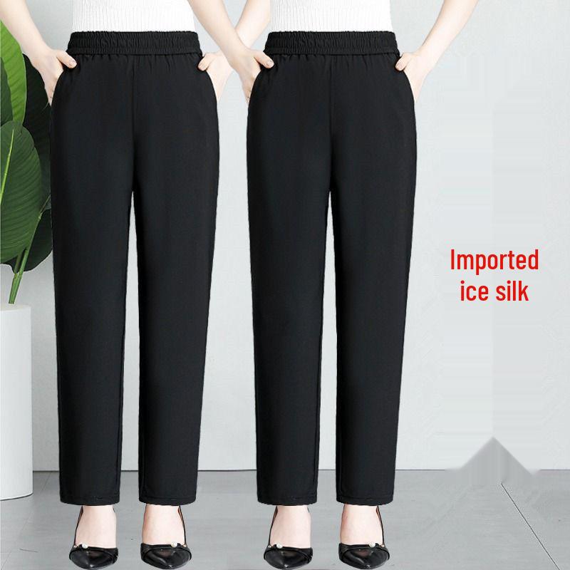 Women's Ice Silk Quick-Dry High Waist Cropped Trousers - Summer Lightweight, Elastic, Breathable Loose Fit for Middle-Aged & Elderly.