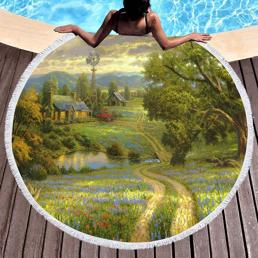 Pretty Country Scenery Print Round Beach Blanket,Polyester Sand Resistant Beach Towel,Absorbent Quick Dry Pool Towel Picnic Mat