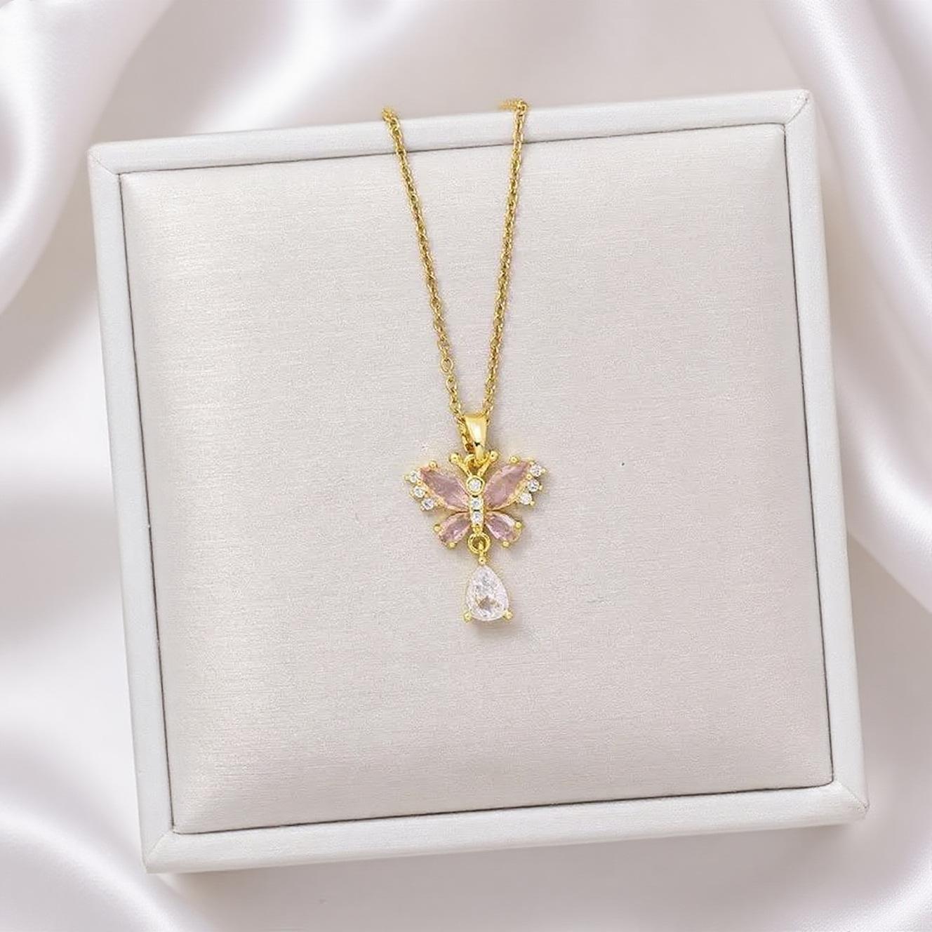 Cross-border New Hollow Butterfly Necklace Womens Copper Micro-inlaid Zircon Bamboo Chain Sporty Fashionable High-end Pendant
