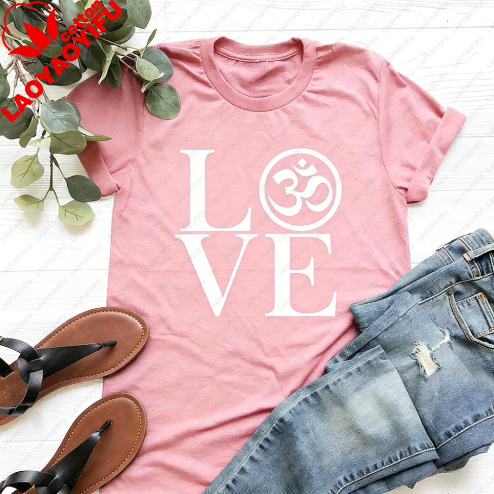 Love Yoga Tee Ohm Symbol Love Yoga Shirt Meditation TShirt Yoga Lover Casual Gift Tshirt Women Daily Life Cotton Clothing