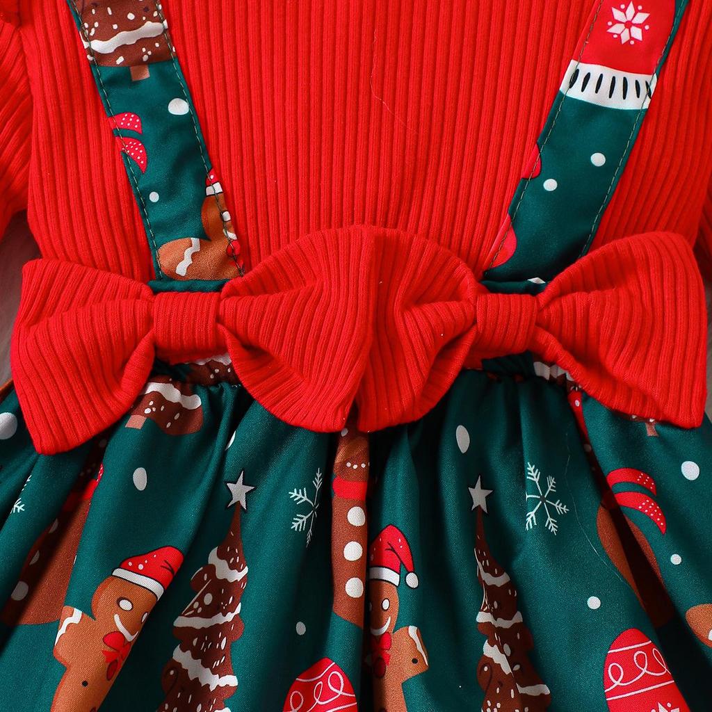Children's Ribbed Long Sleeve Bow Christmas Dress for Girls