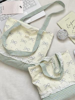 Lace Bow Canvas Crossbody & Handheld Bag - Spring/Summer Women's Shopping and Lunch Bag