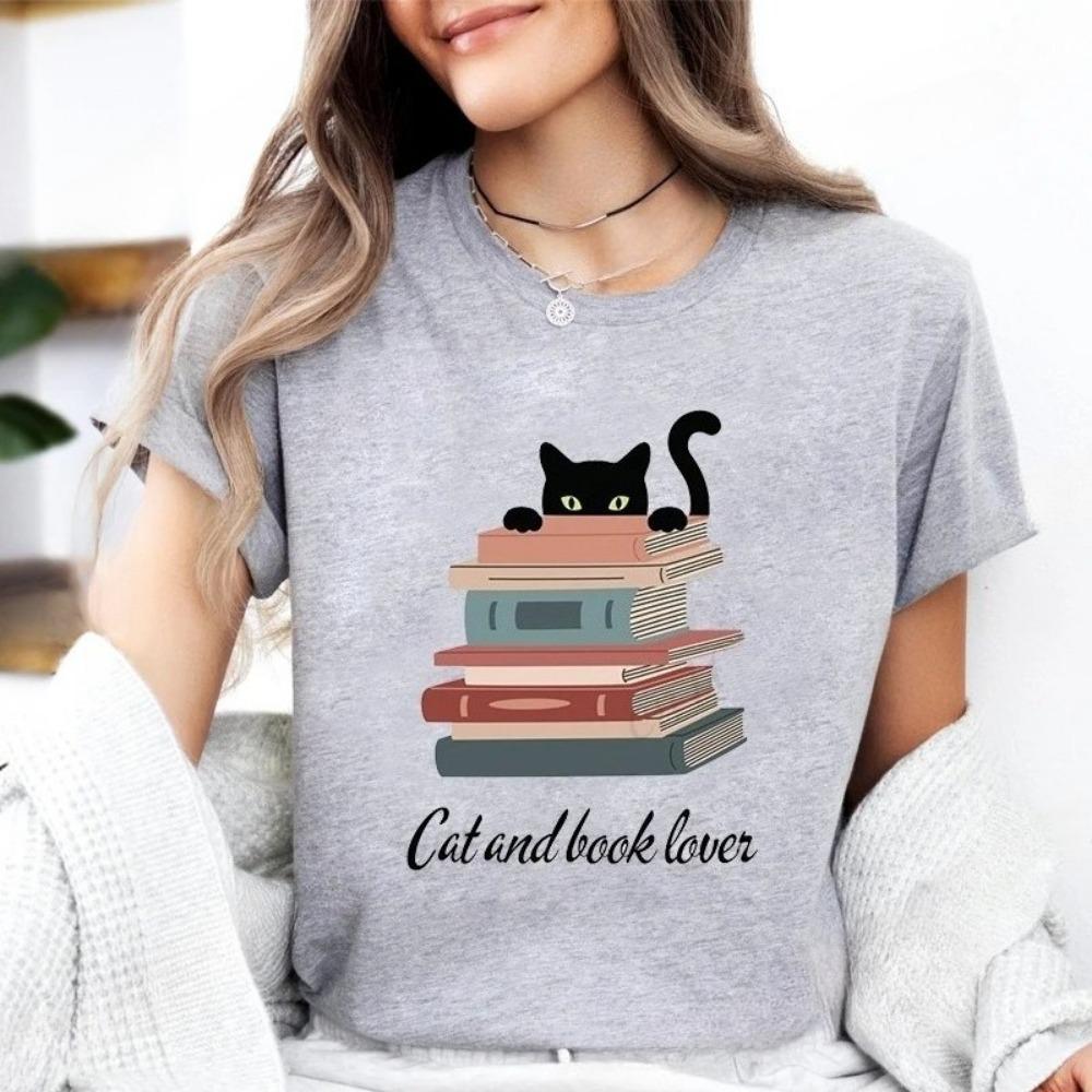 Cat Reading Design T-shirt,A Perfect Gift for Book Lovers and Cat Owners A Summer Book-themed T-shirt
