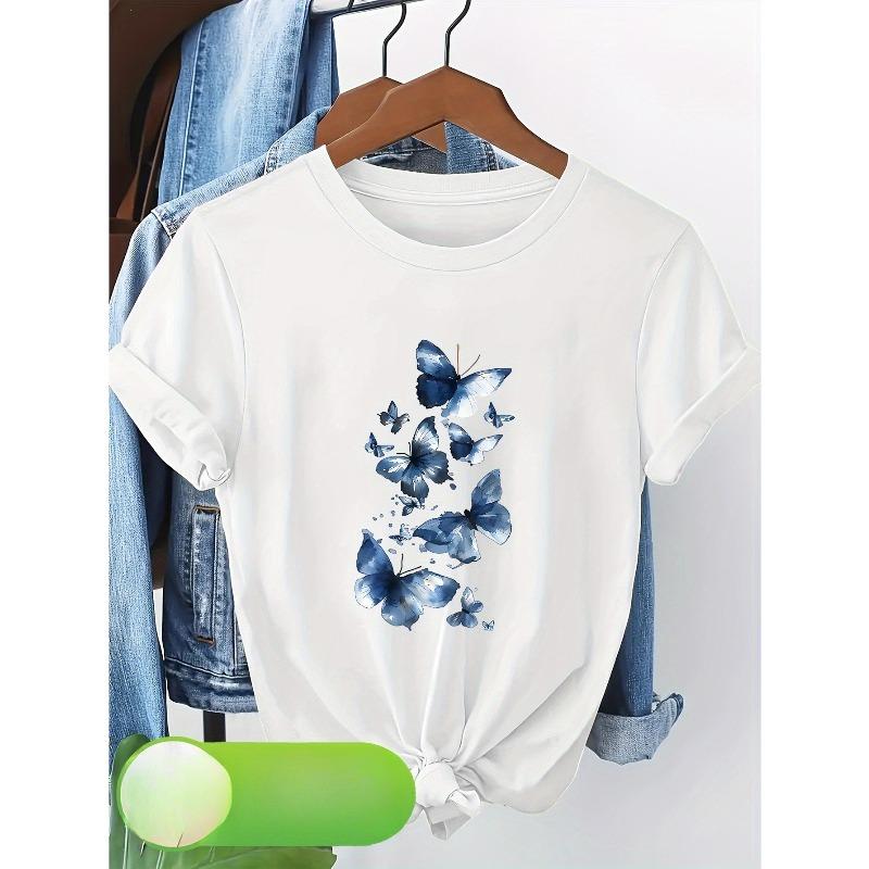 European Size Elegant Butterfly Print Women's Short-Sleeve T-Shirt, Holiday Wear, Vacation Outfit, Graduation Attire, Autumn/Winter New
