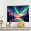 2D Colorful Sky Forest Tapestry, Northern Lights Aurora Borealis Over Pine Trees Wall Hanging, Scenic Decor