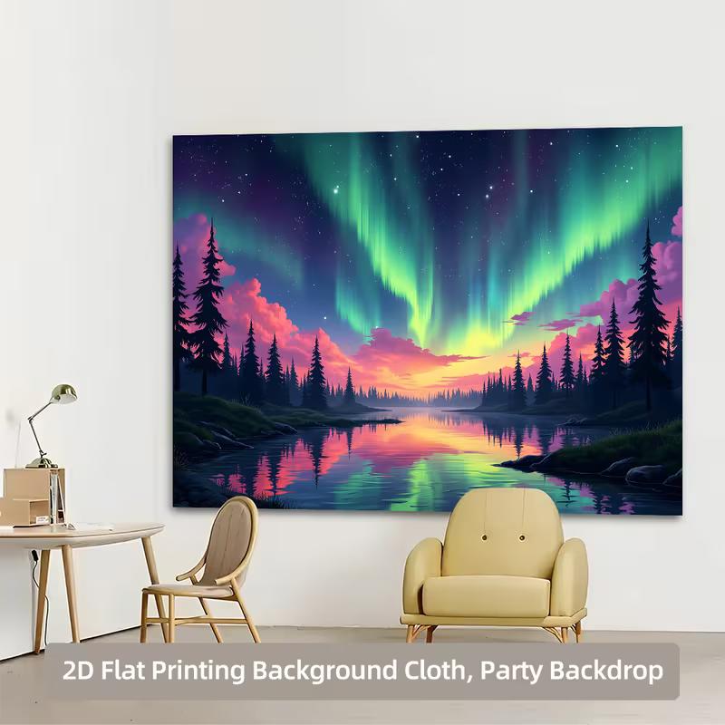 2D Colorful Sky Forest Tapestry, Northern Lights Aurora Borealis Over Pine Trees Wall Hanging, Scenic Decor