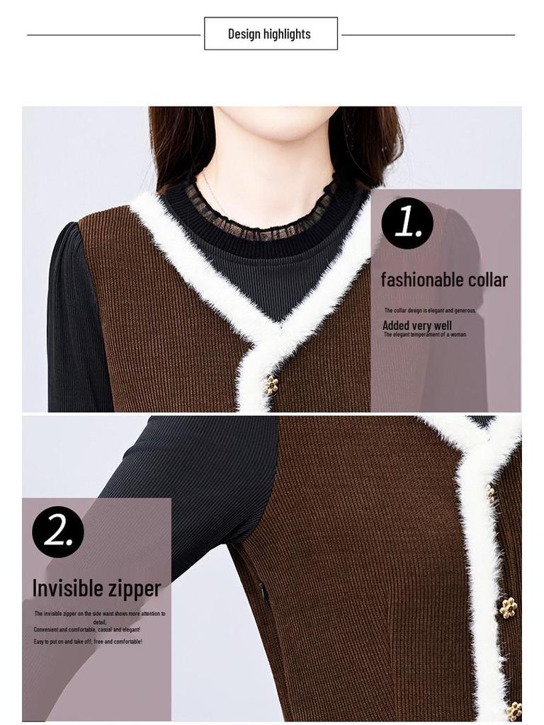 2026 Autumn/Winter Elegant Hepburn Style Slimming Patchwork Mid-Length Dress
