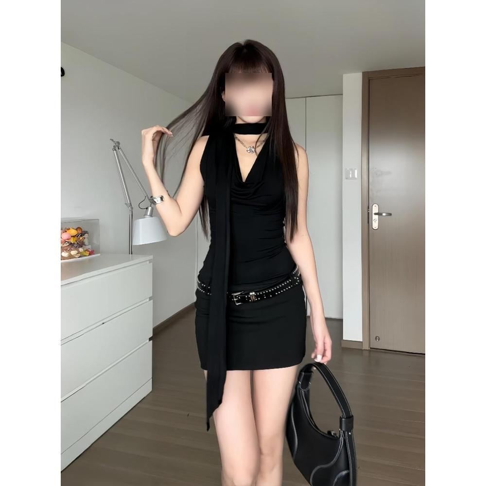 Waist slim sleeveless swing neck dress women's streamer niche black hip wrap short skirt