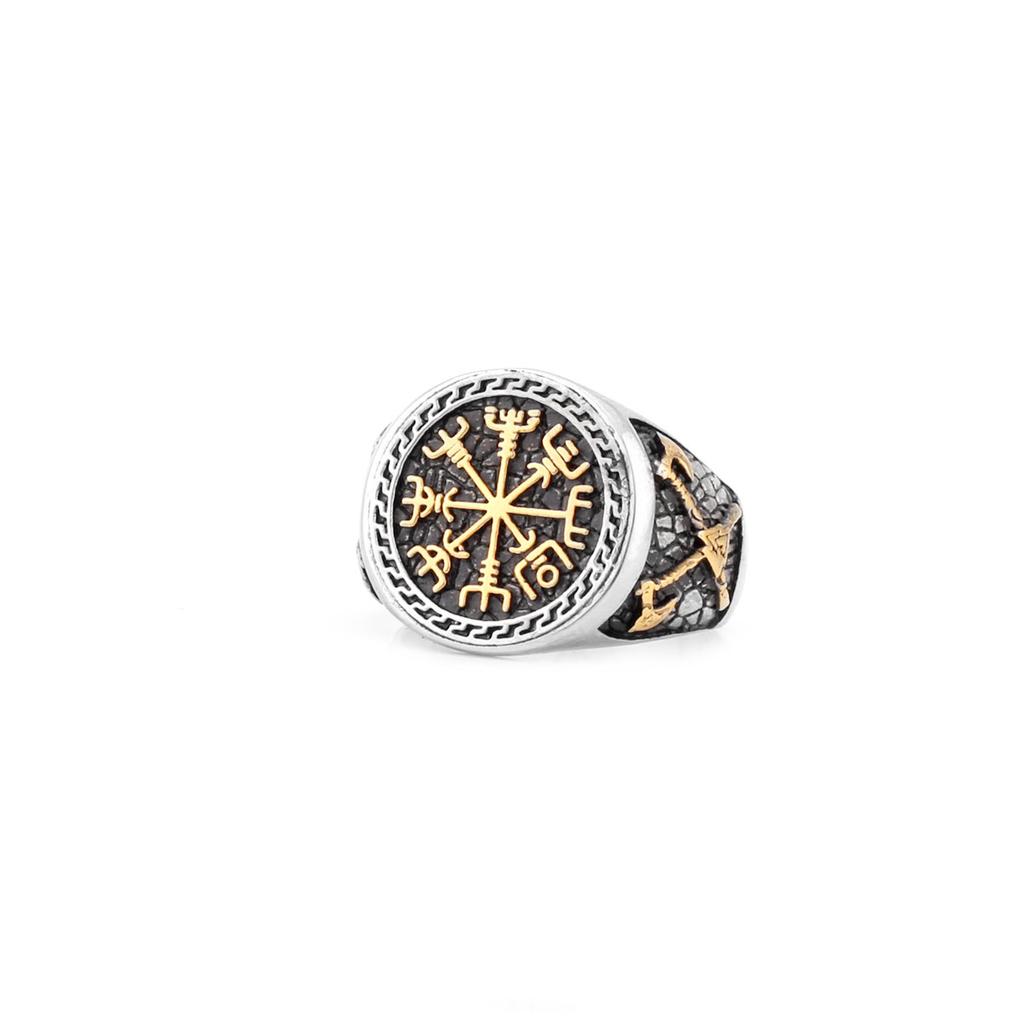 Vintage Viking Stainless Steel Compass Ring Men's Viking Valknut Axe Ring Punk Odin Rune Gold Color Ring Jewelry Gift