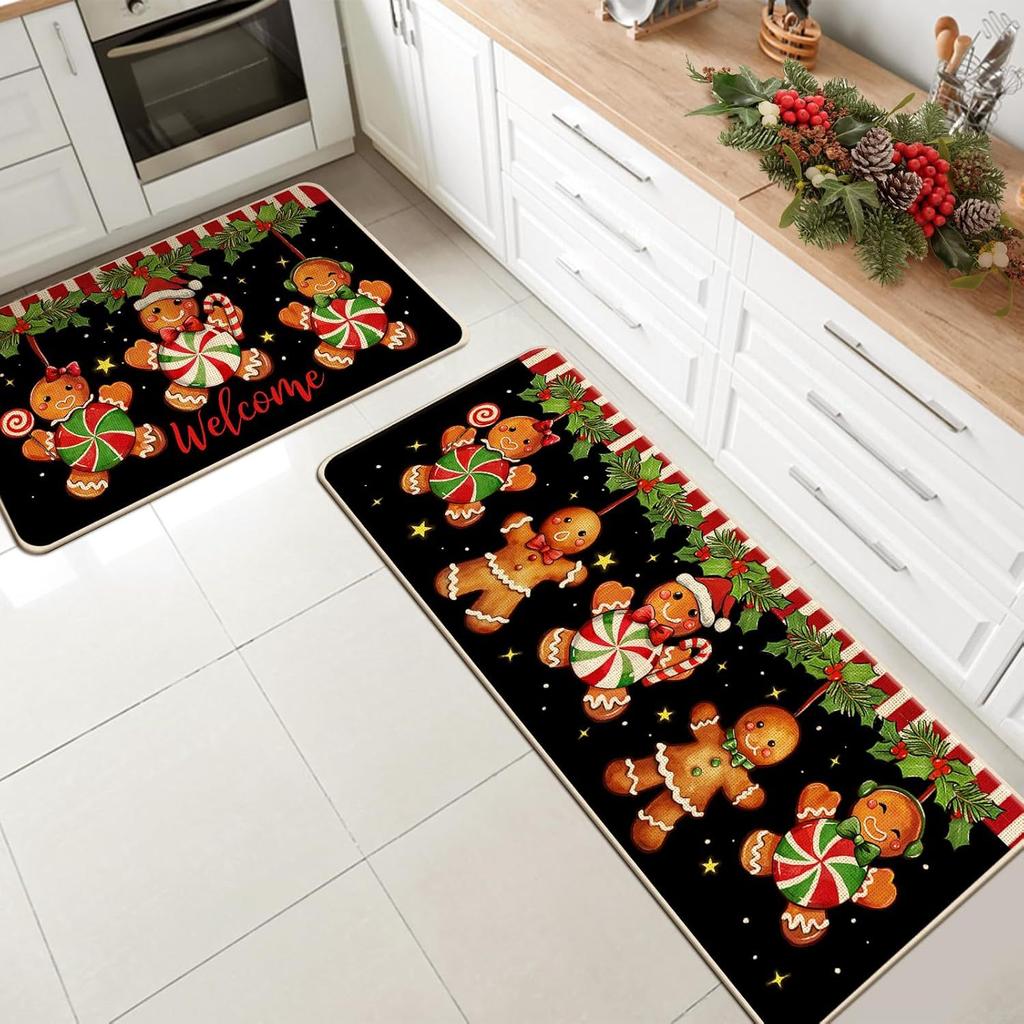 Christmas Kitchen Mat Household Kitchen Water-Absorbing And Dirt-Resistant Long Strip Two-Piece Set Foot Mat Decorative Floor Mat