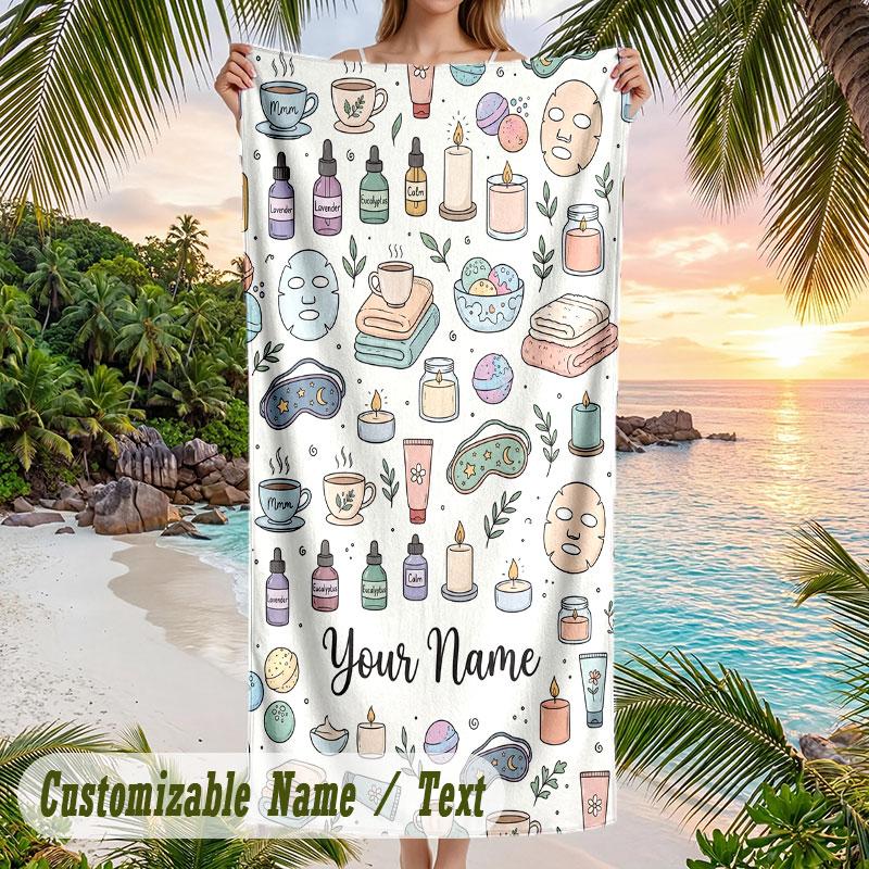 Seashell Starfish Frame Theme Quick Dry Beach Towel Custom Name Text Print Large Sand Resistant Towel Beach Vacation
