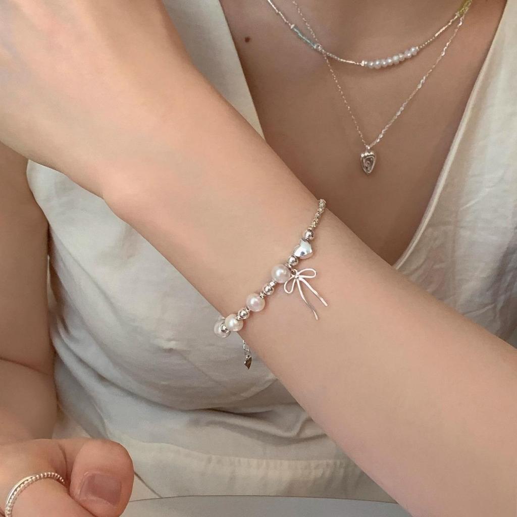 Minimalist Luxury: S925 Sterling Silver Pearl Bow & Heart Bracelet for Women