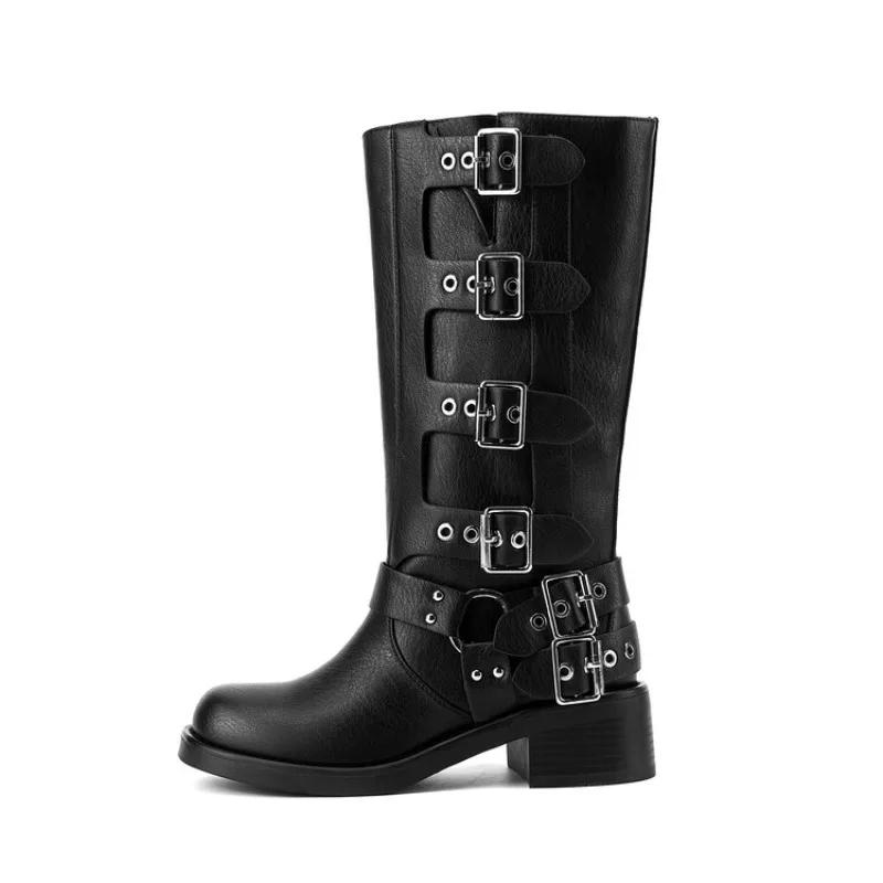 Fashion New Rivet Belt Buckle Black Brown Knee High Boots Autumn Winter Roundhead Punk Style Chelsea Women's Motorcycle Boots Size 36-43