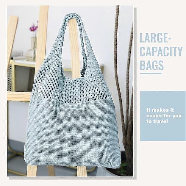 Women Retro Summer Hobo Bag Mesh Hollow Tote Bag Trendy Flower Knitted Shoulder Bags Casual Beach Purse Blue