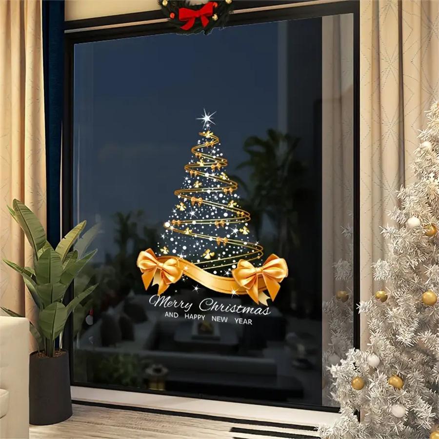 1pc Golden Christmas Tree Stickers Reusable Decals Xmas Window Clings Holiday Decor for Home Party New Year Decorations